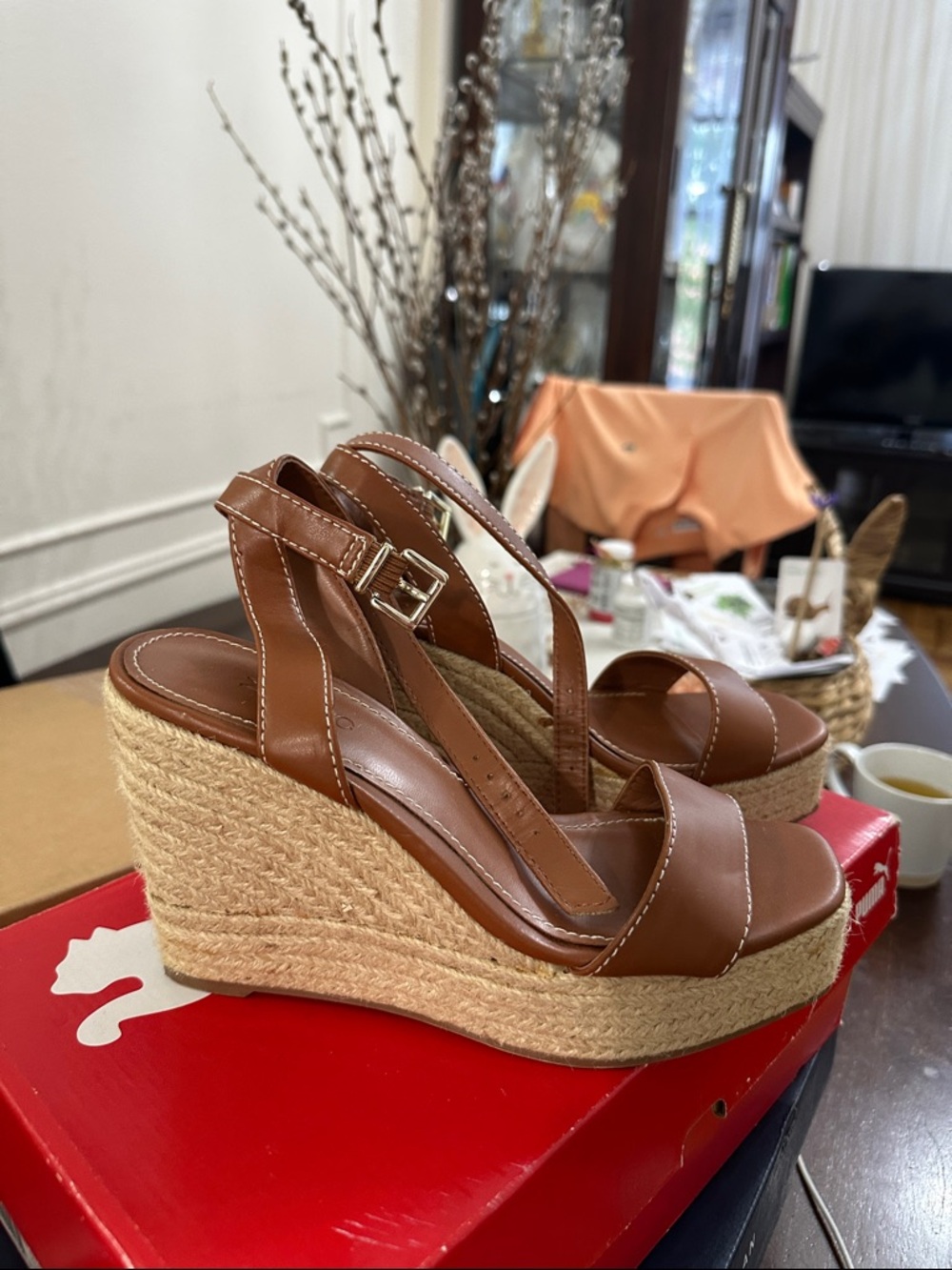 Mango Tan Espadrille Wedge Sandals with Ankle Strap
